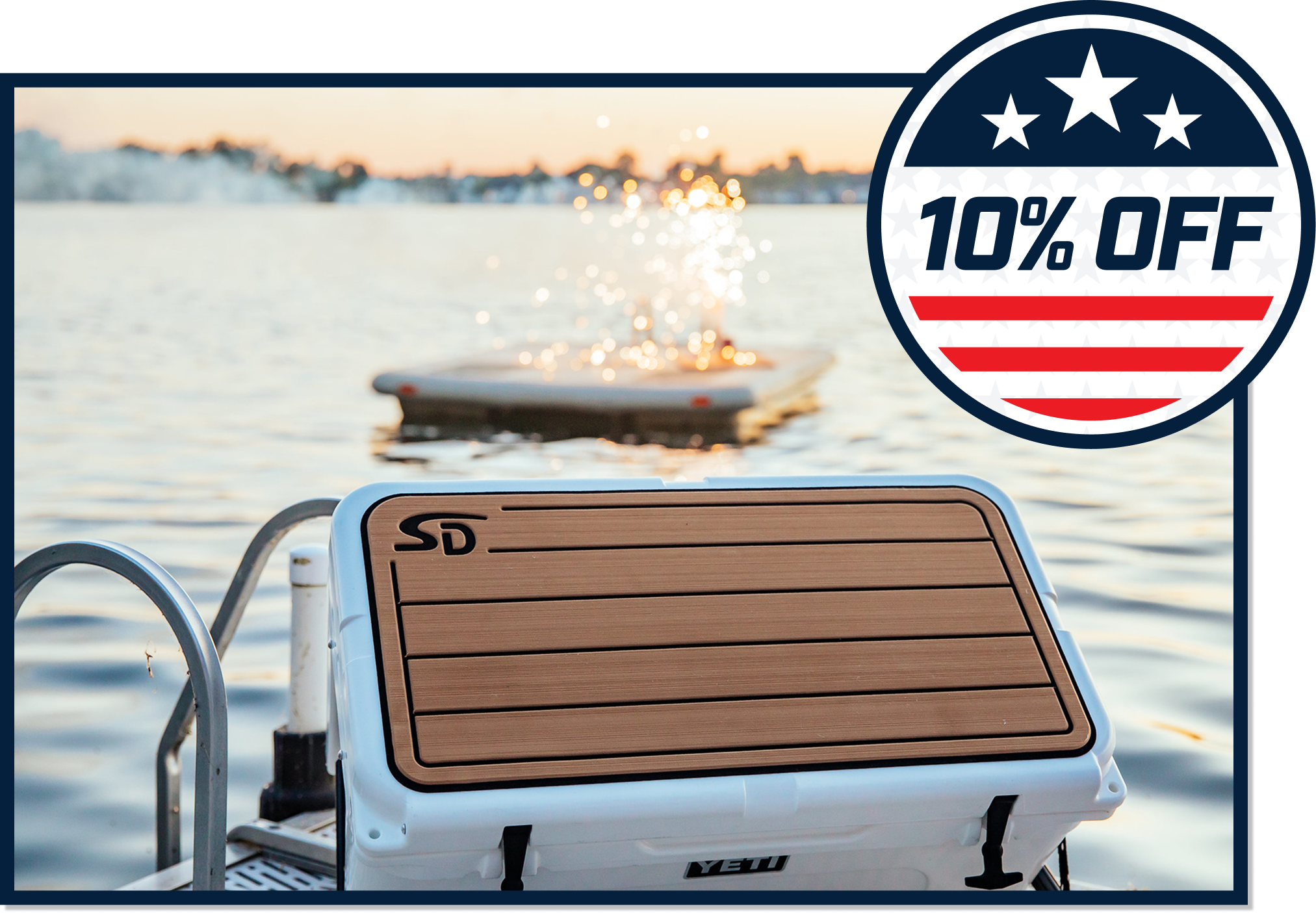Patriotic cooler top with 10 percent off graphic