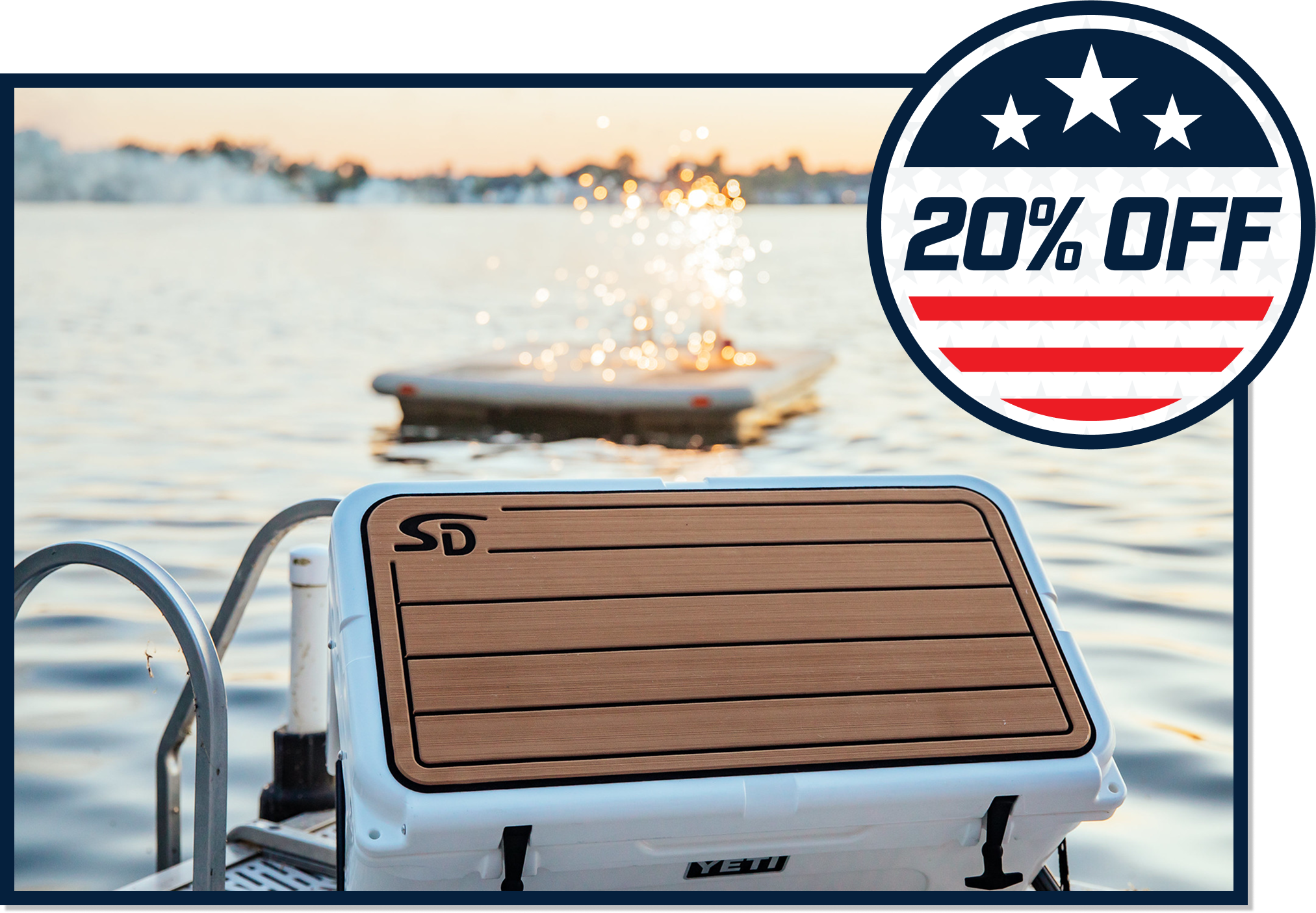 Cooler with SeaDek on top and 20% graphic designed circle in the top right corner