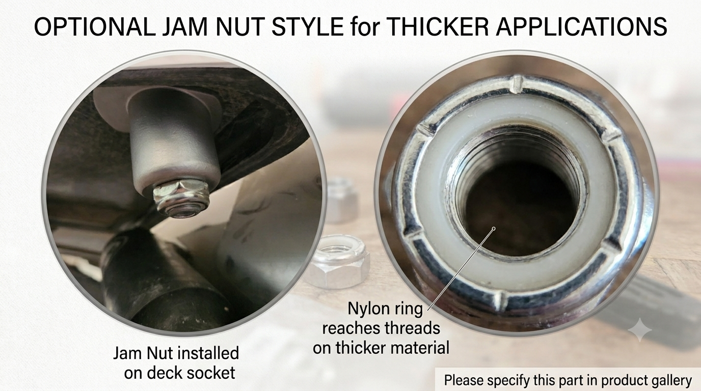 SC Wake 1/2-13 stainless jam nut installed on a deck socket showing the nylon ring detail