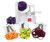 Paderno tri-blade spiral vegetable slicer holding a red cabbage, with its three blade plates in front and piles of spiralized carrot, zucchini, and beet.
