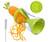 Handheld spiral slicer cutting a carrot into long noodle-like strands, shown with its gripper cap and a cleaning brush.