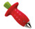 Strawberry huller shaped like a red strawberry, with a green push button on top and a stainless steel claw at the tip.