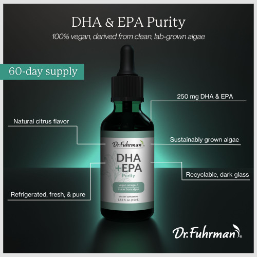 DHA & EPA Purity, 100% vegan, derived from clean, lab-grown algae. 60-day supply bottle with callouts: 250 mg DHA and EPA; natural citrus flavor; sustainably grown algae; recyclable, dark glass; refrigerated, fresh, and pure.