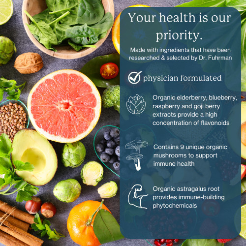 Immune Biotect benefits beside a colorful spread of fresh fruits, vegetables, nuts, and spices. Your health is our priority: made with ingredients that have been researched and selected by Dr. Fuhrman. Physician formulated. Organic elderberry, blueberry, raspberry and goji berry extracts provide a high concentration of flavonoids. Contains 9 unique organic mushrooms to support immune health. Organic astragalus root provides immune-building phytochemicals.