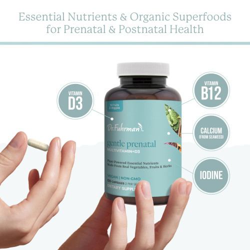 Hands holding a Gentle Prenatal bottle and a single capsule, with callouts for essential nutrients and organic superfoods for prenatal and postnatal health: vitamin D3, vitamin B12, calcium from seaweed, and iodine.