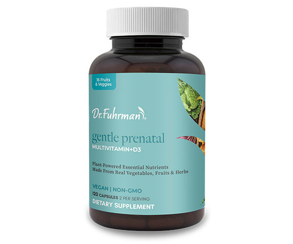Dr. Fuhrman Gentle Prenatal Multivitamin +D3 bottle with a light teal label: plant-powered essential nutrients made from real vegetables, fruits and herbs; vegan, non-GMO, 120 capsules, 2 per serving.