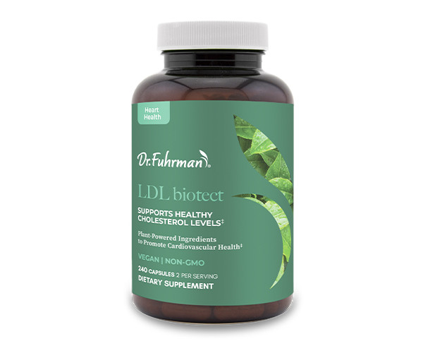 Dr. Fuhrman LDL Biotect bottle with a green label: supports healthy cholesterol levels with plant-powered ingredients to promote cardiovascular health; vegan, non-GMO, 240 capsules, 2 per serving.