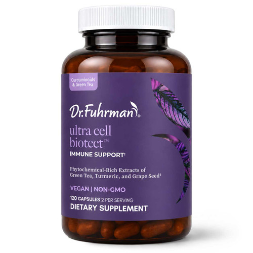 Dr. Fuhrman Ultra Cell Biotect bottle with a purple label: immune support with phytochemical-rich extracts of green tea, turmeric, and grape seed; vegan, non-GMO, 120 capsules, 2 per serving.