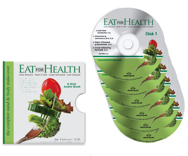 Eat for Health audiobook by Joel Fuhrman, M.D.: 6 disk audio book sleeve beside a fanned stack of six green CDs.