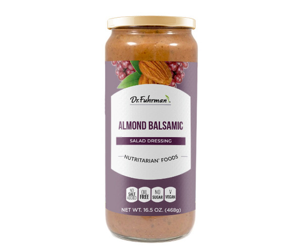 Dr. Fuhrman Almond Balsamic Salad Dressing in a 16.5 oz (468 g) glass jar with a purple label showing almonds and grapes.