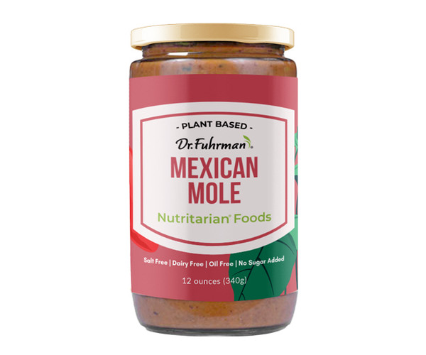 Dr. Fuhrman plant-based Mexican Mole sauce in a 12 ounce (340 g) glass jar with a rose-red label; salt free, dairy free, oil free, no sugar added.