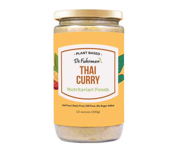 Dr. Fuhrman plant-based Thai Curry sauce in a 12 ounce (340 g) glass jar with a golden yellow label; salt free, dairy free, oil free, no sugar added.