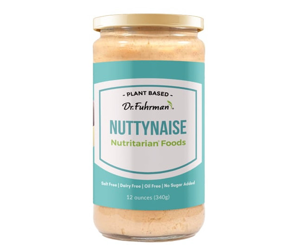 Dr. Fuhrman plant-based Nuttynaise in a 12 ounce (340 g) glass jar with a teal label; salt free, dairy free, oil free, no sugar added.