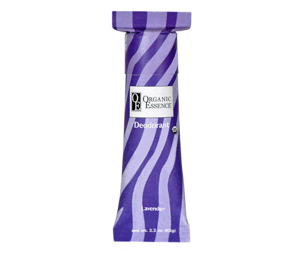 Organic Essence Deodorant, Lavender, in a purple striped paper tube; net wt. 2.2 oz (62 g).
