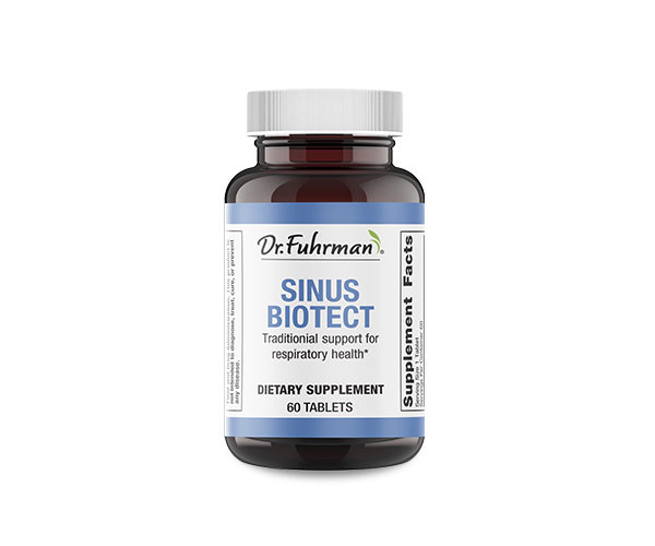 Dr. Fuhrman Sinus Biotect bottle with a white and blue label: traditional support for respiratory health; dietary supplement, 60 tablets.