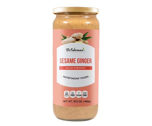 Dr. Fuhrman Sesame Ginger Salad Dressing in a 16.5 oz (468 g) glass jar with a coral label showing ginger root.