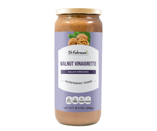 Dr. Fuhrman Walnut Vinaigrette Salad Dressing in a 16.5 oz (468 g) glass jar with a lavender label showing walnuts.