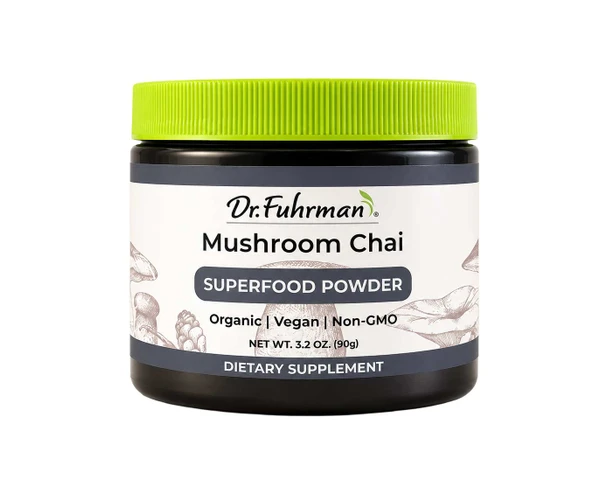 Dr. Fuhrman Mushroom Chai superfood powder in a dark jar with a lime green lid; organic, vegan, non-GMO, net wt. 3.2 oz (90 g).