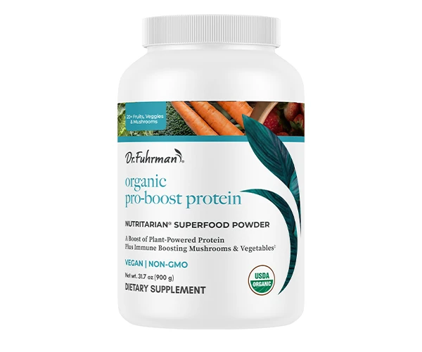 Dr. Fuhrman Organic Pro-Boost Protein Nutritarian superfood powder in a white 31.7 oz (900 g) container: a boost of plant-powered protein plus immune boosting mushrooms and vegetables; USDA Organic, vegan, non-GMO.