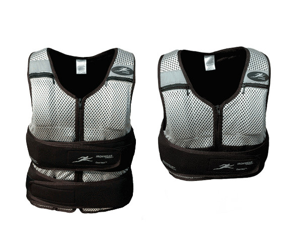 Two gray mesh weight vests with black adjustable waist belts, shown side by side in a longer and a shorter length.