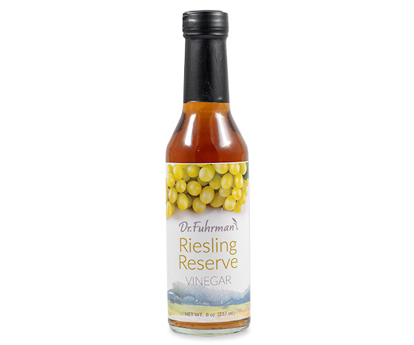 Dr. Fuhrman Riesling Reserve Vinegar in an 8 fl oz (237 mL) glass bottle with a label showing green grapes.