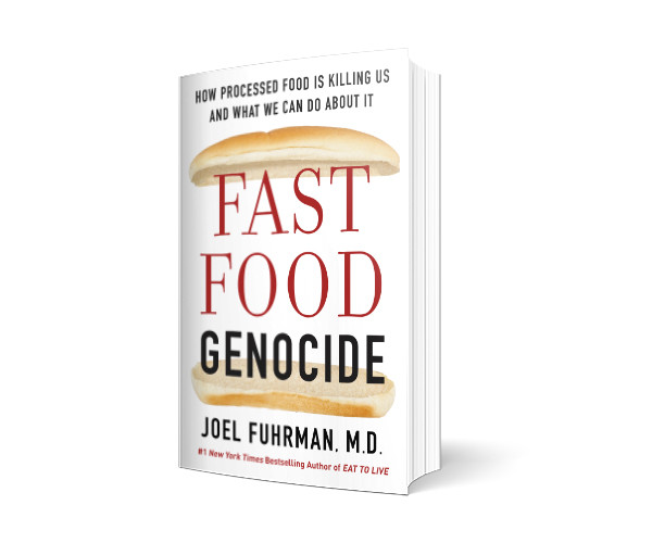 Fast Food Genocide by Joel Fuhrman, M.D.: paperback with the title set inside a hot dog bun and the subtitle How processed food is killing us and what we can do about it.