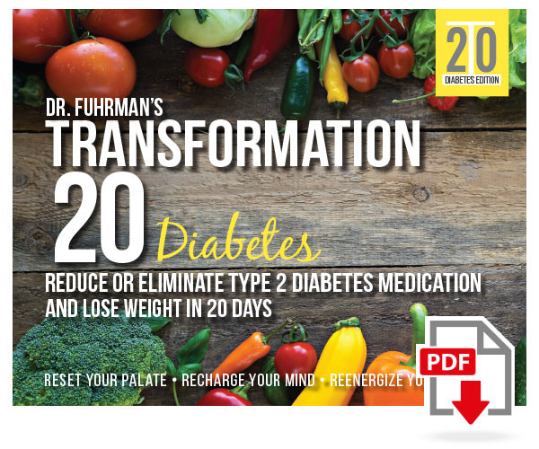 Dr. Fuhrman's Transformation 20 Diabetes edition program cover: Reduce or eliminate type 2 diabetes medication and lose weight in 20 days. Fresh tomatoes, peppers, and broccoli on a wooden table, with a PDF download icon.