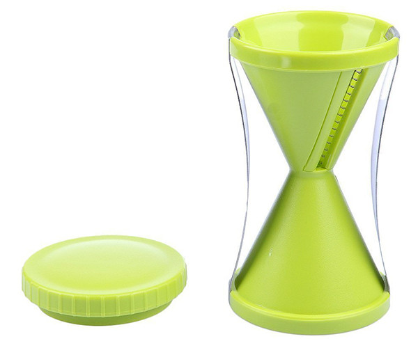 Green hourglass-shaped handheld spiral slicer standing upright, with its round cap beside it.