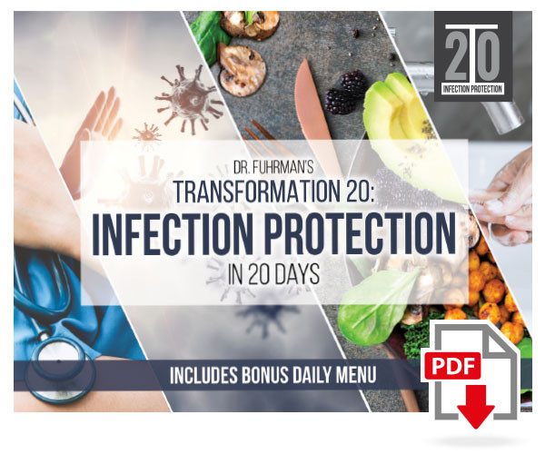 Dr. Fuhrman's Transformation 20: Infection Protection in 20 Days program cover, includes bonus daily menu: a collage of a hand blocking a virus, a stethoscope, and fresh produce, with a PDF download icon.