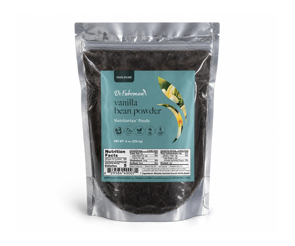 Dr. Fuhrman Vanilla Bean Powder in a silver resealable pouch with a blue label: 100% pure ground vanilla beans, net wt. 8 oz (226.3 g).