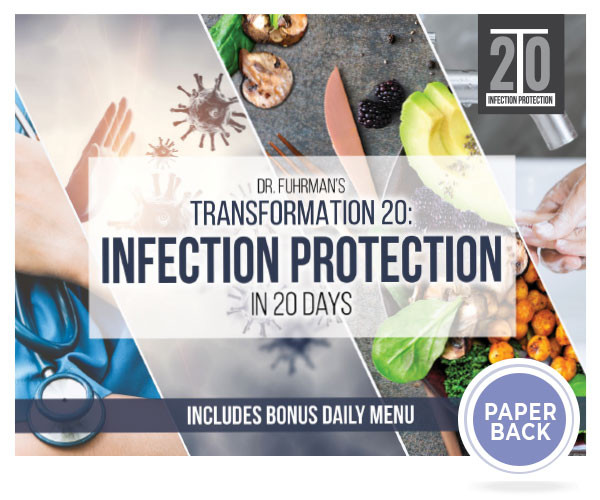 Dr. Fuhrman's Transformation 20: Infection Protection in 20 Days program cover, includes bonus daily menu: a collage of a hand blocking a virus, a stethoscope, and fresh produce, with a Paperback badge.