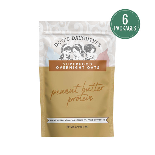 Doc's Daughters Peanut Butter Protein Superfood Overnight Oats pouch, light tan, with a badge reading 6 packages; plant based, vegan, gluten free, fruit sweetened.
