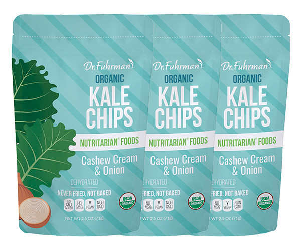Three teal pouches of Dr. Fuhrman Organic Kale Chips, Cashew Cream & Onion flavor: dehydrated, never fried, not baked; USDA Organic, net wt. 2.5 oz (71 g) each.