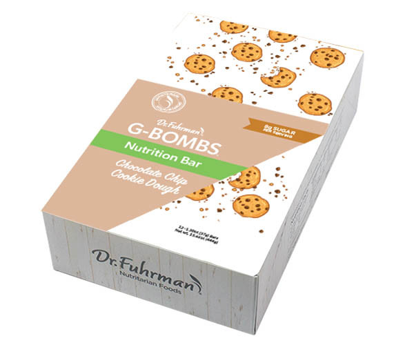 Dr. Fuhrman G-BOMBS Nutrition Bar, Chocolate Chip Cookie Dough: box of 12 bars with a tan label, decorated with chocolate chip cookies.