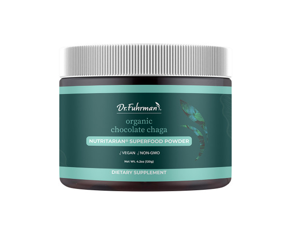 Dr. Fuhrman Organic Chocolate Chaga Nutritarian superfood powder in a dark jar with a teal label and silver lid; vegan, non-GMO, net wt. 4.2 oz (120 g).