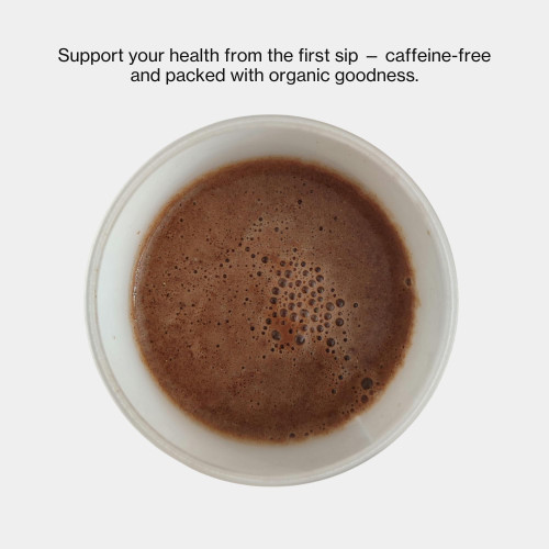 Cup of prepared Chocolate Chaga seen from above, with the text: Support your health from the first sip, caffeine-free and packed with organic goodness.