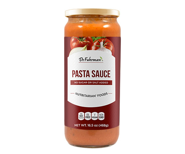 Dr. Fuhrman Pasta Sauce in a 16.5 oz (468 g) glass jar with a dark red label showing tomatoes and garlic; no sugar or salt added.