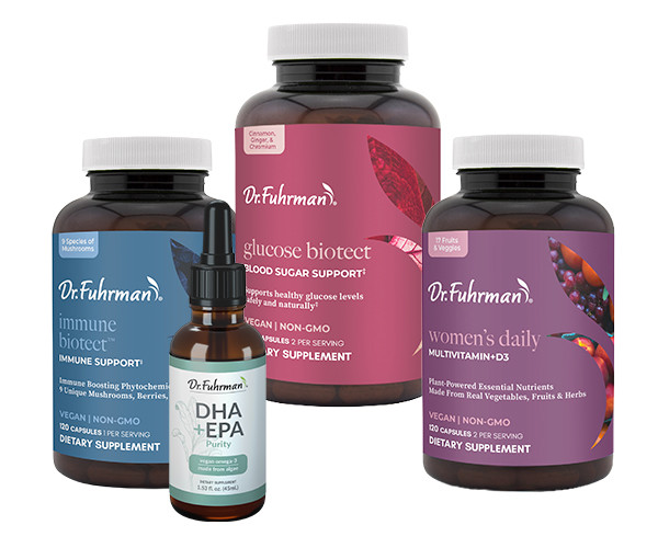Women's Glucose Protection Bundle: bottles of Dr. Fuhrman Immune Biotect, DHA+EPA Purity, Glucose Biotect, and Women's Daily Multivitamin +D3.