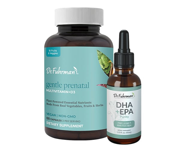 Pregnancy Daily Bundle: bottles of Dr. Fuhrman Gentle Prenatal Multivitamin +D3 and DHA+EPA Purity.