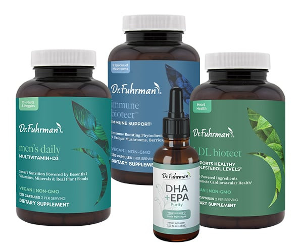 Men's Healthy Heart Bundle: bottles of Dr. Fuhrman Men's Daily Multivitamin +D3, Immune Biotect, DHA+EPA Purity, and LDL Biotect.