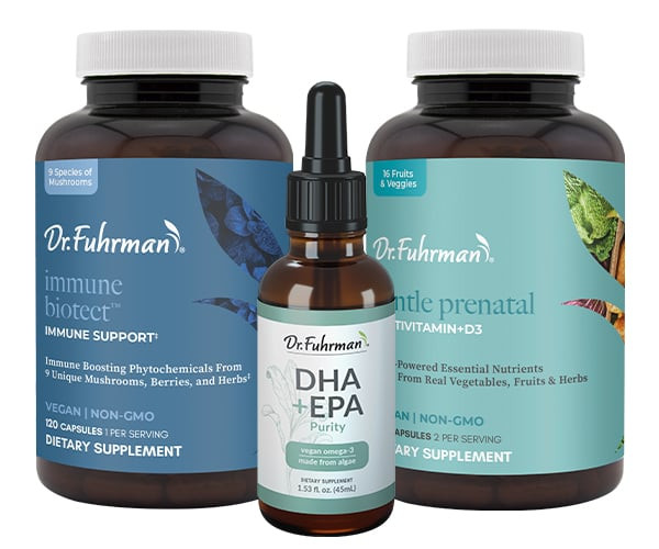 Women's Daily +Iron Bundle: bottles of Dr. Fuhrman Immune Biotect, DHA+EPA Purity, and Gentle Prenatal Multivitamin +D3.