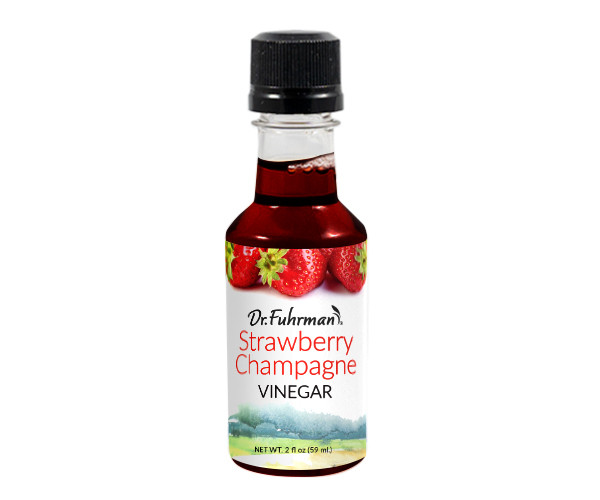 Dr. Fuhrman Strawberry Champagne Vinegar in a 2 oz sampler-size bottle with a label showing fresh strawberries.
