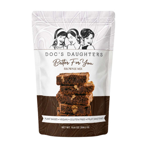 Doc's Daughters Better For You Brownie Mix pouch showing a stack of brownies; plant based, vegan, gluten free, fruit sweetened, net wt. 10.6 oz (300.2 g).