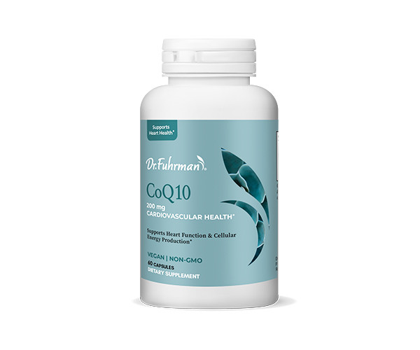 Dr. Fuhrman CoQ10 200 mg in a white bottle with a teal label: cardiovascular health, supports heart function and cellular energy production; vegan, non-GMO, 60 capsules.
