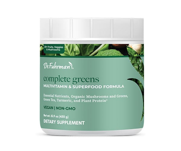 Dr. Fuhrman Complete Greens—packed with vitamins, minerals, organic superfoods, and mushrooms for gut health, immunity, and longevity.