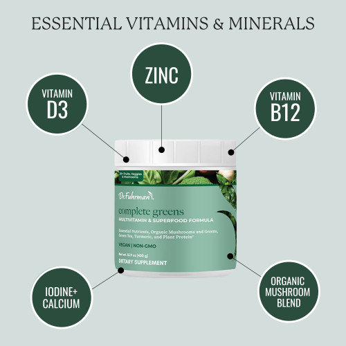 Dr. Fuhrman Complete Greens is an all in one multivitamin and superfood powder to fill nutrient gaps and support your longevity