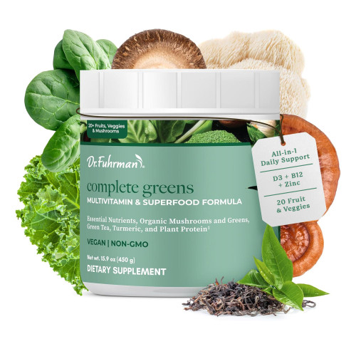 Dr. Fuhrman Complete Greens—packed with vitamins, minerals, organic superfoods, and mushrooms for gut health, immunity, and longevity.