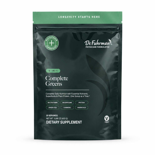 Dr. Fuhrman Complete Greens 6-in-1 powder in a dark green resealable pouch with a green band reading Longevity Starts Here: multivitamin, mushrooms, protein, green tea, turmeric, and prebiotics; physician formulated, vegan, 30 servings, net wt. 15.98 oz (453 g).