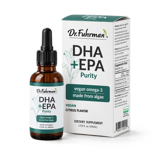 Dr. Fuhrman DHA+EPA Purity vegan omega-3 made from algae: amber glass dropper bottle, 1.53 fl. oz. (45 mL), beside its white box; citrus flavor.