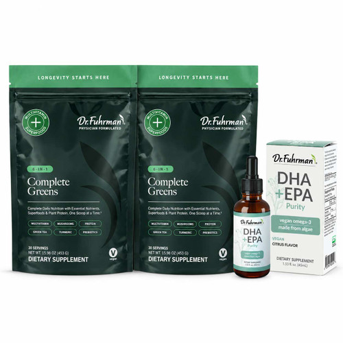 Complete Health Bundle: two pouches of Complete Greens with a bottle and box of DHA+EPA Purity.
